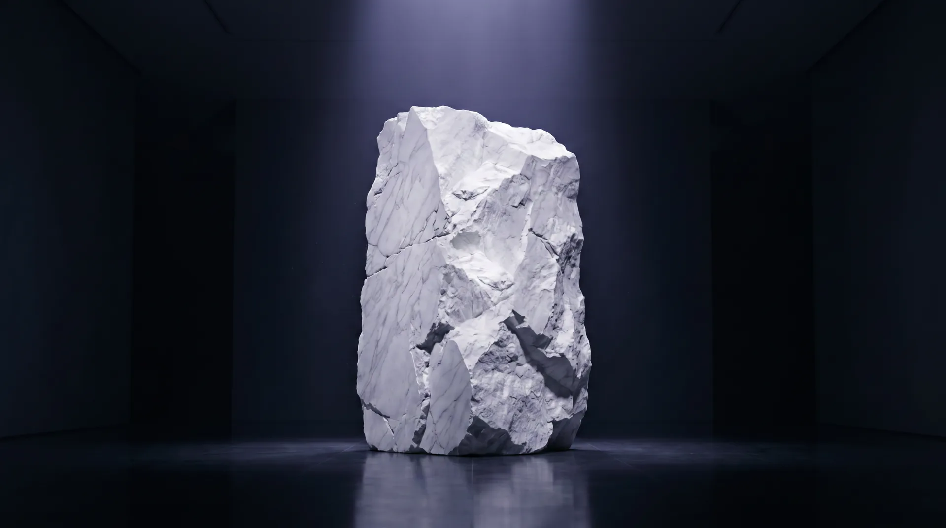 A raw block of Statuario marble standing alone in a dark hall, lit by a single shaft of dusk light.