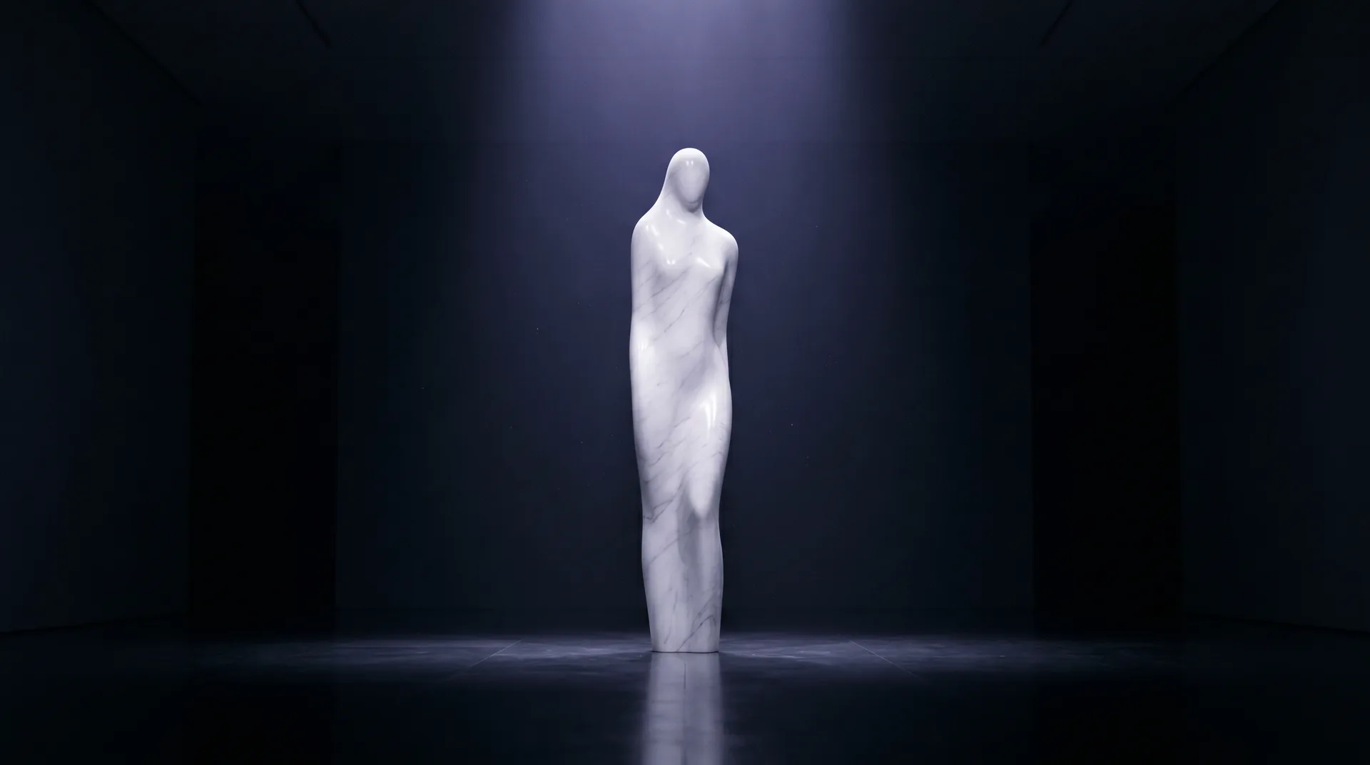 The same stone in its highest form: a smooth marble figure holding the last light of the hall.