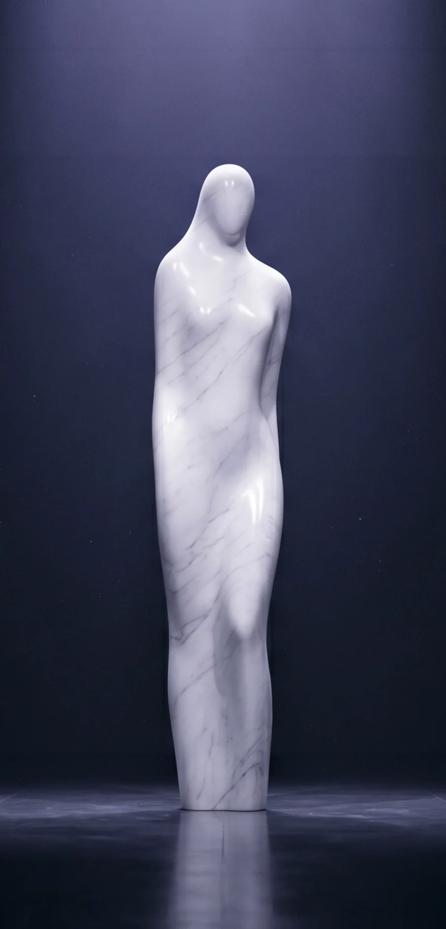 A marble figure in its realized form, standing in the last light of a dark hall.