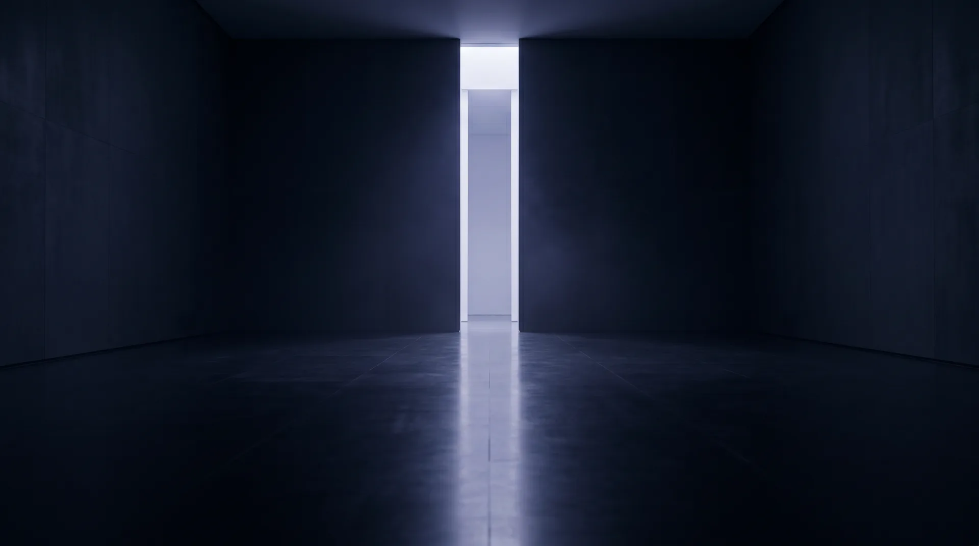 A tall threshold of soft light at the far end of a dark stone hall.